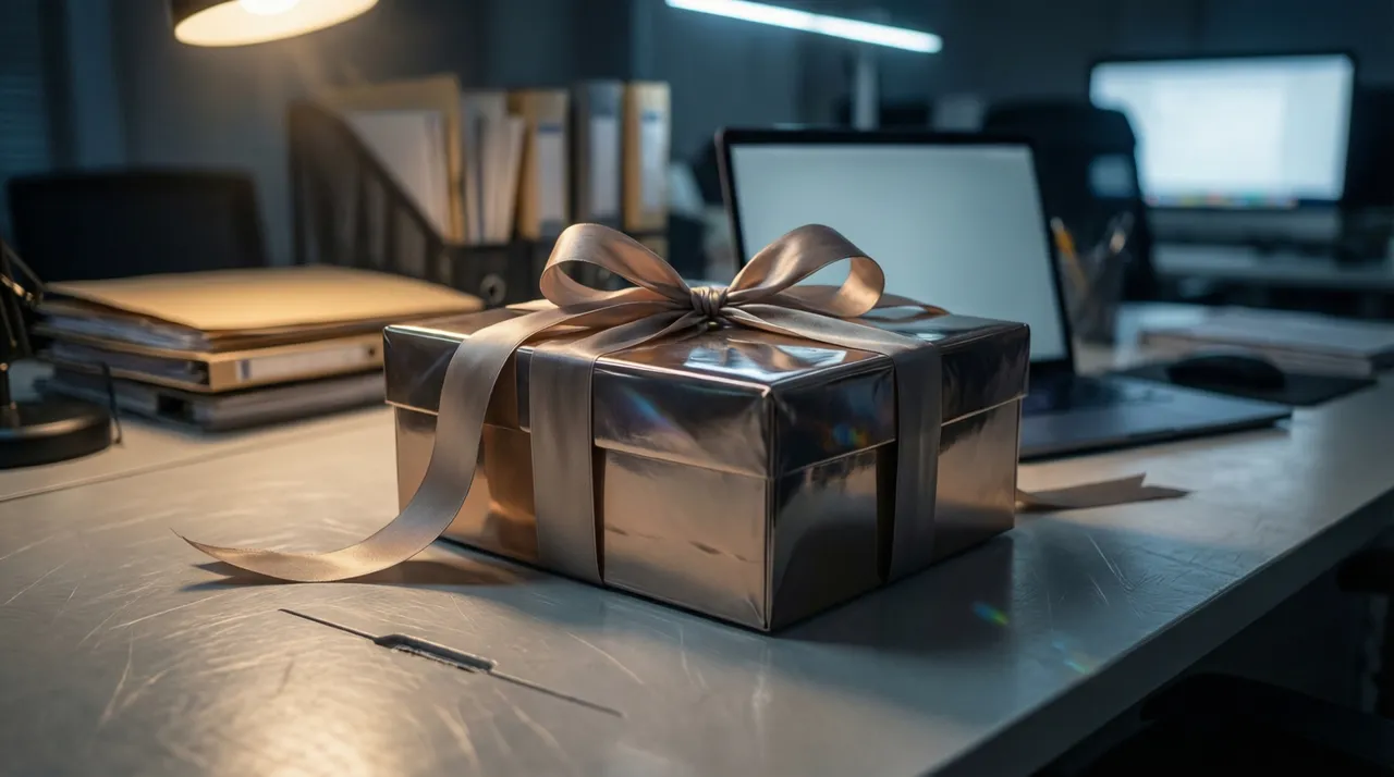 An empty open gift box on an office desk
