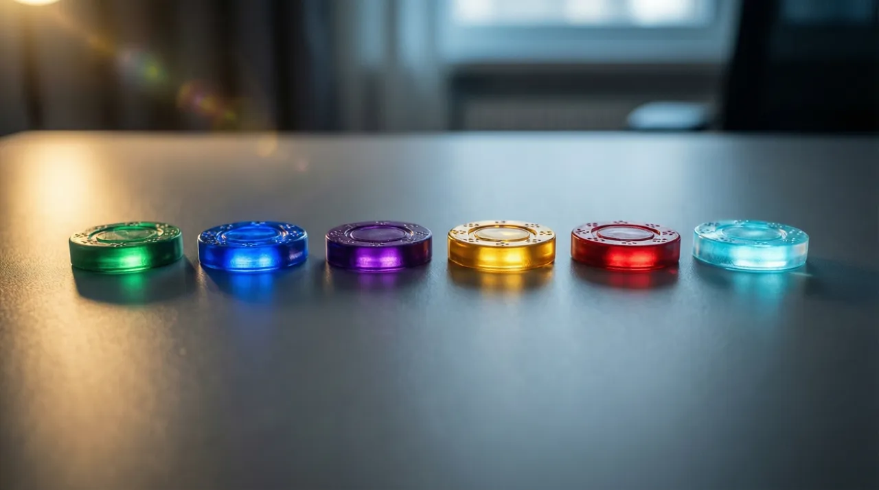 Six glowing tokens of different colors lined up on a desk, three bright and three dim