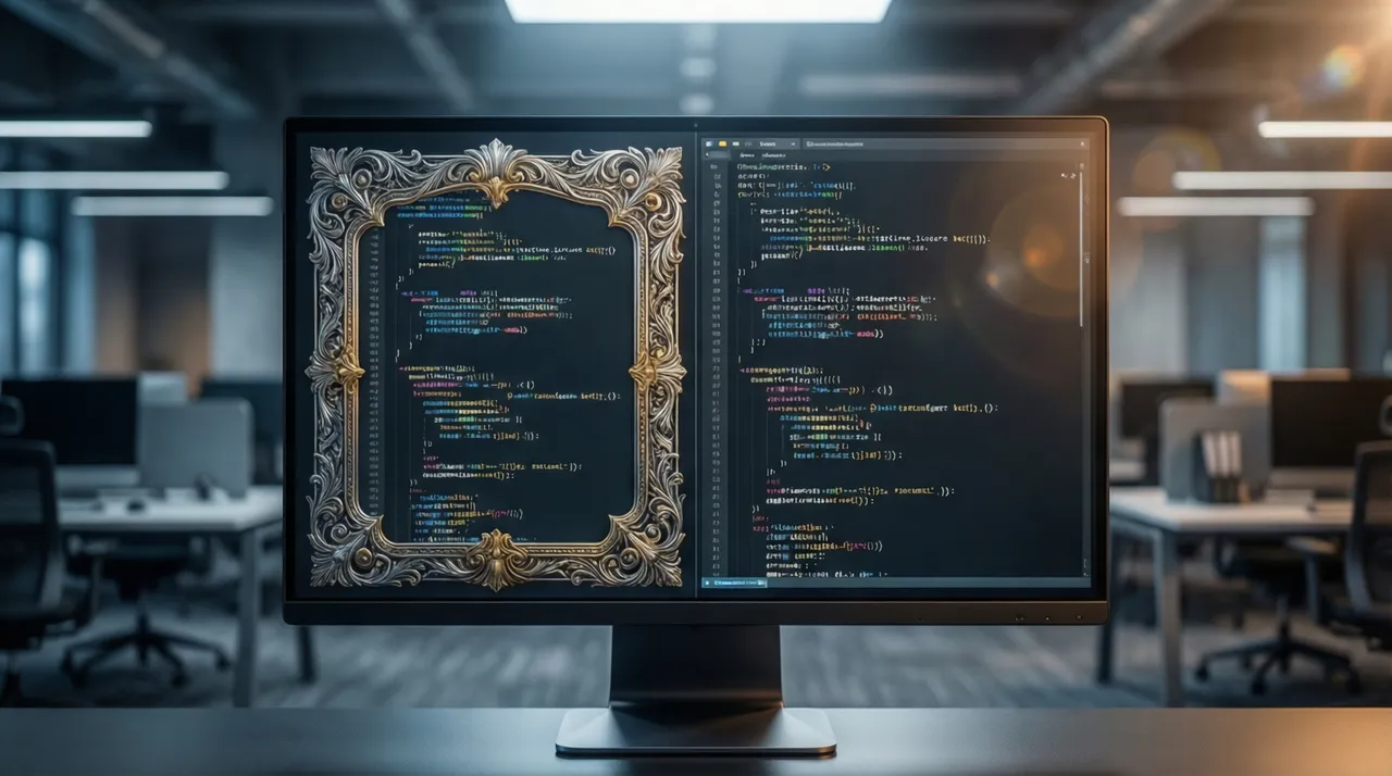 Monitor showing two code snippets — one in a decorative frame, the other without