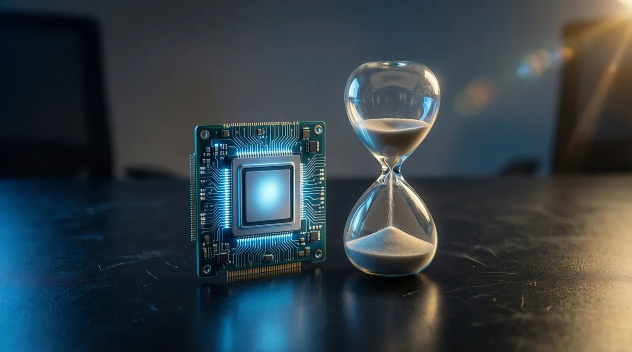 Hourglass next to a glowing GPU icon on a desk