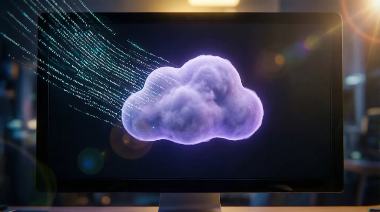 Cloud sandbox icon with a stream of code snippets