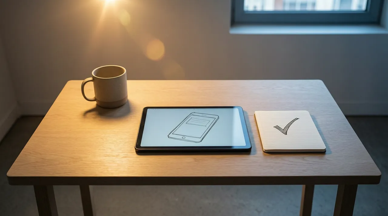 Prototype sketch on a tablet with a note on a notepad