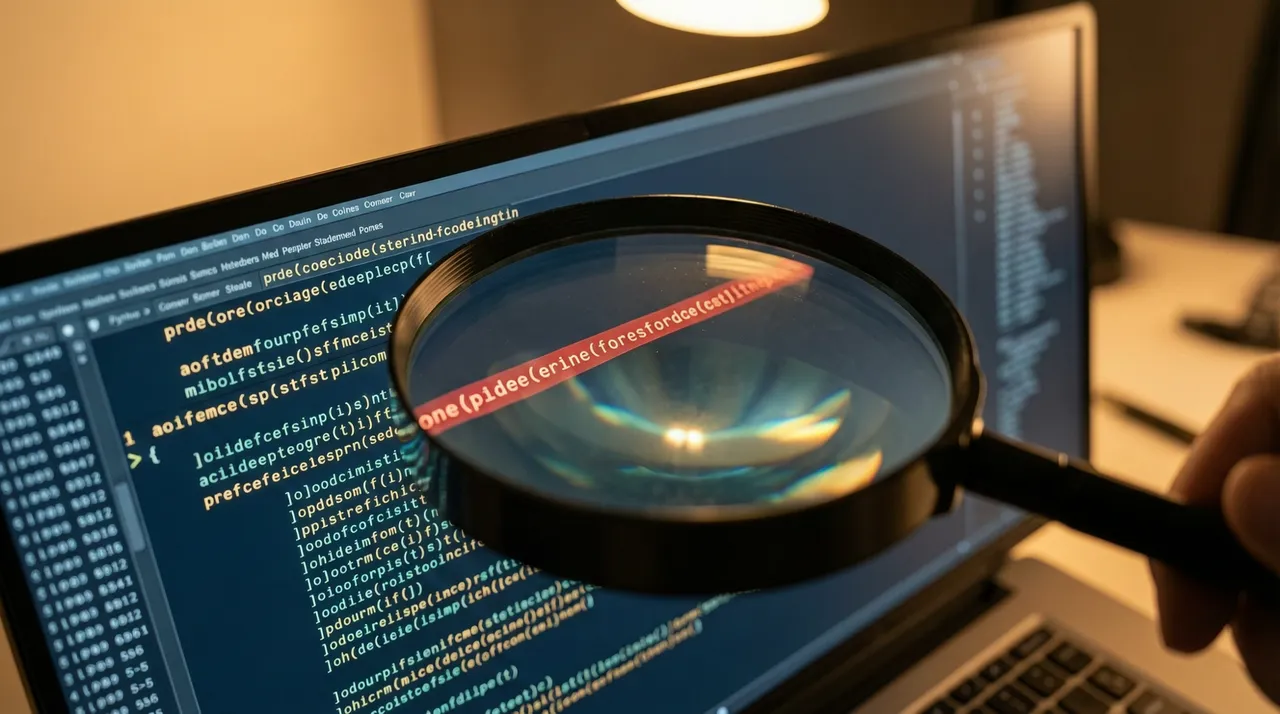 Magnifying glass over a code screen with a highlighted line