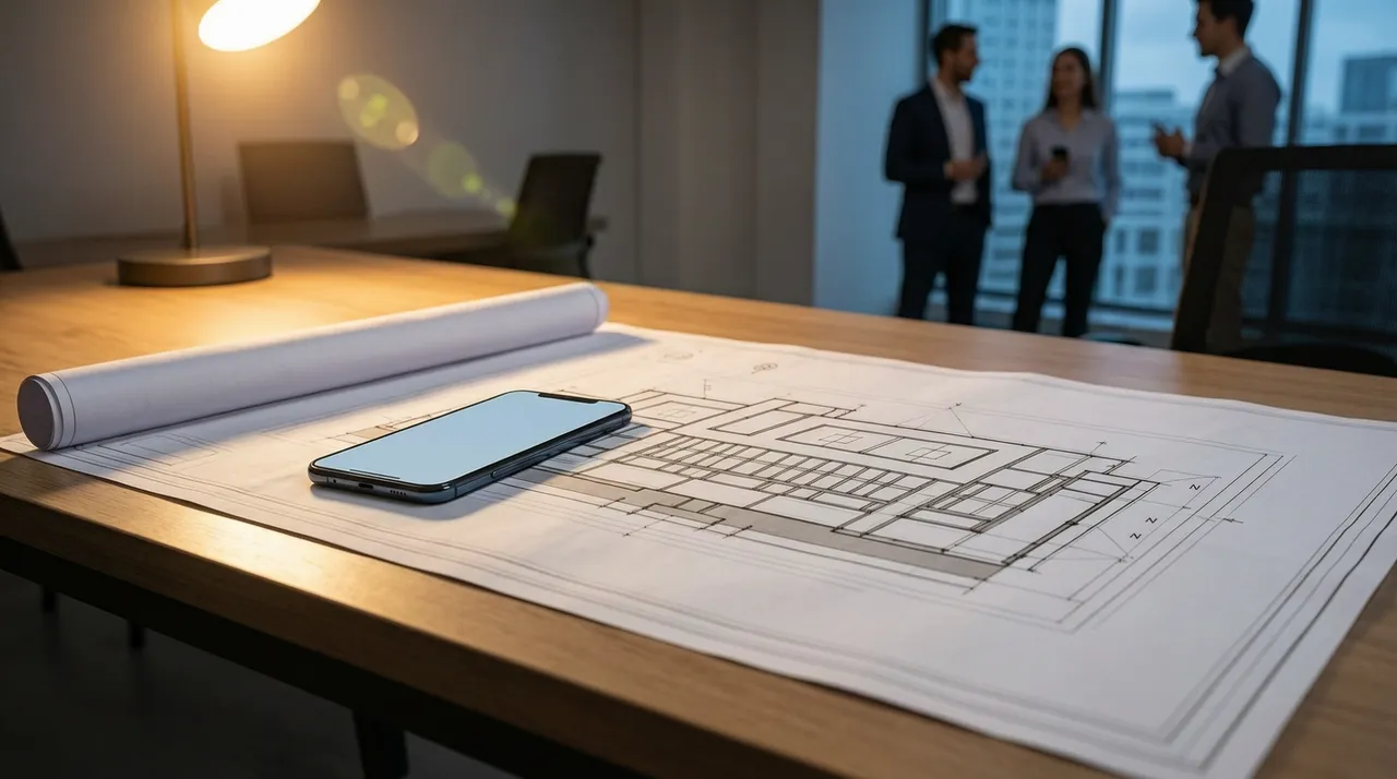 Smartphone next to an architect's blueprint on a desk