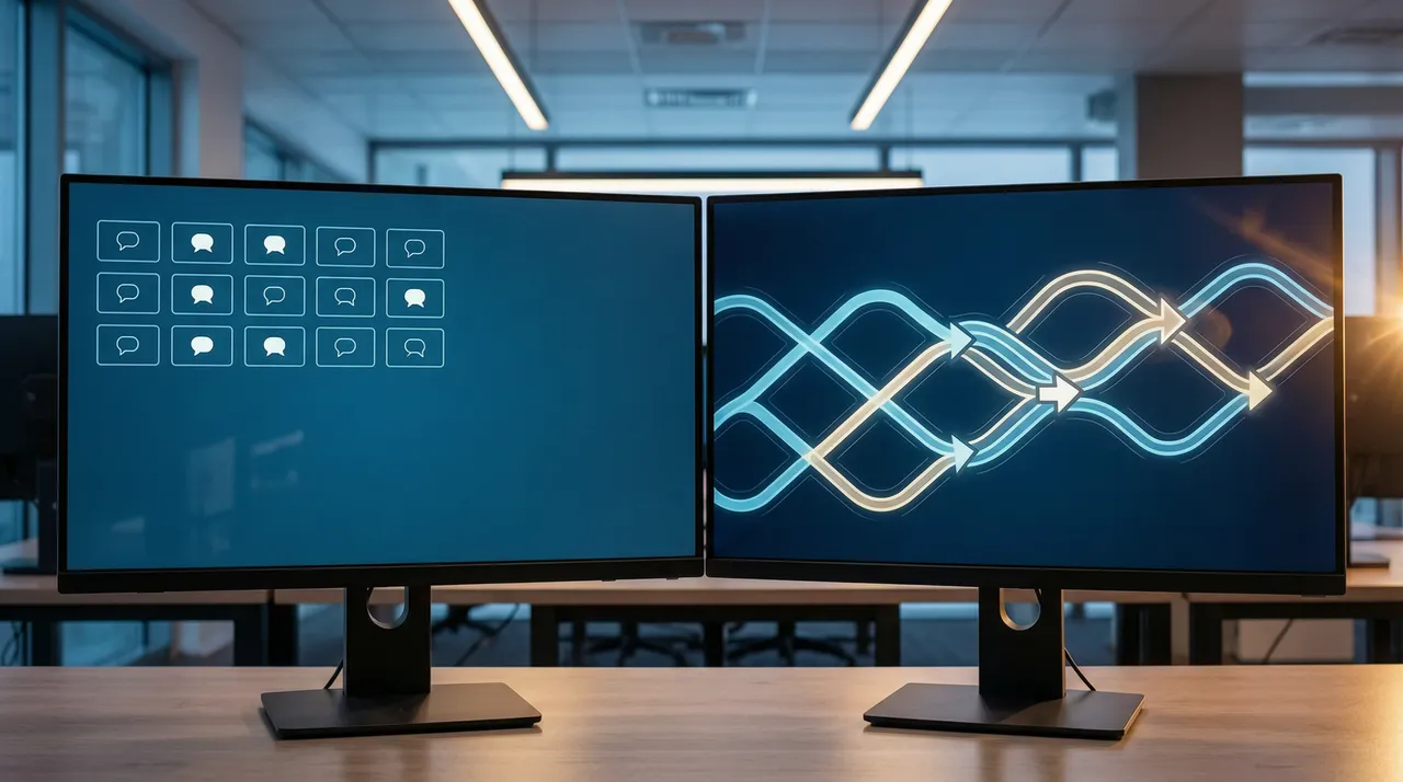 Static button menu next to a flexible diagram of linked steps