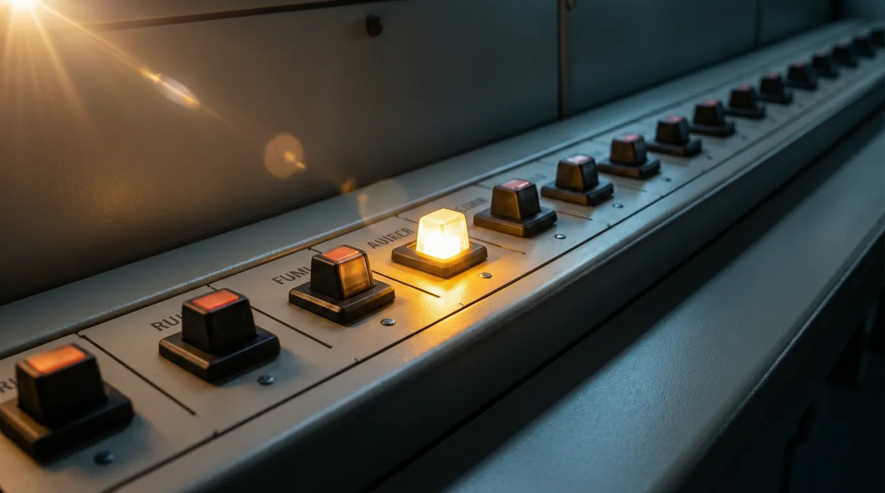 One toggled-on switch among toggled-off ones on a panel