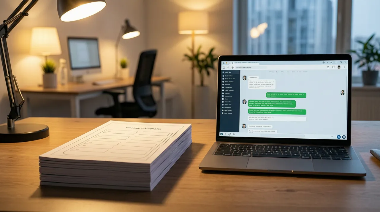 Neat stack of prompt templates next to a laptop