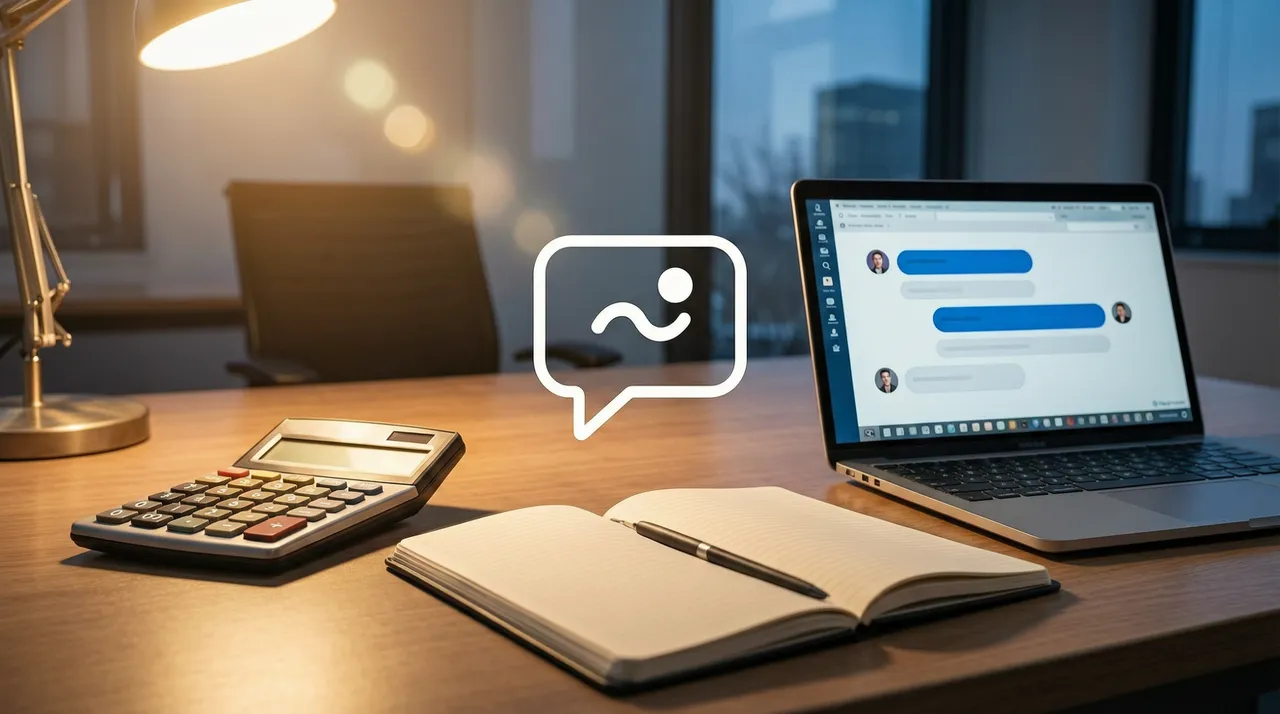 Calculator, notepad, and laptop chat around a shared message icon