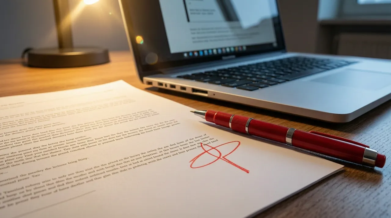 Document marked with a red pen next to a laptop