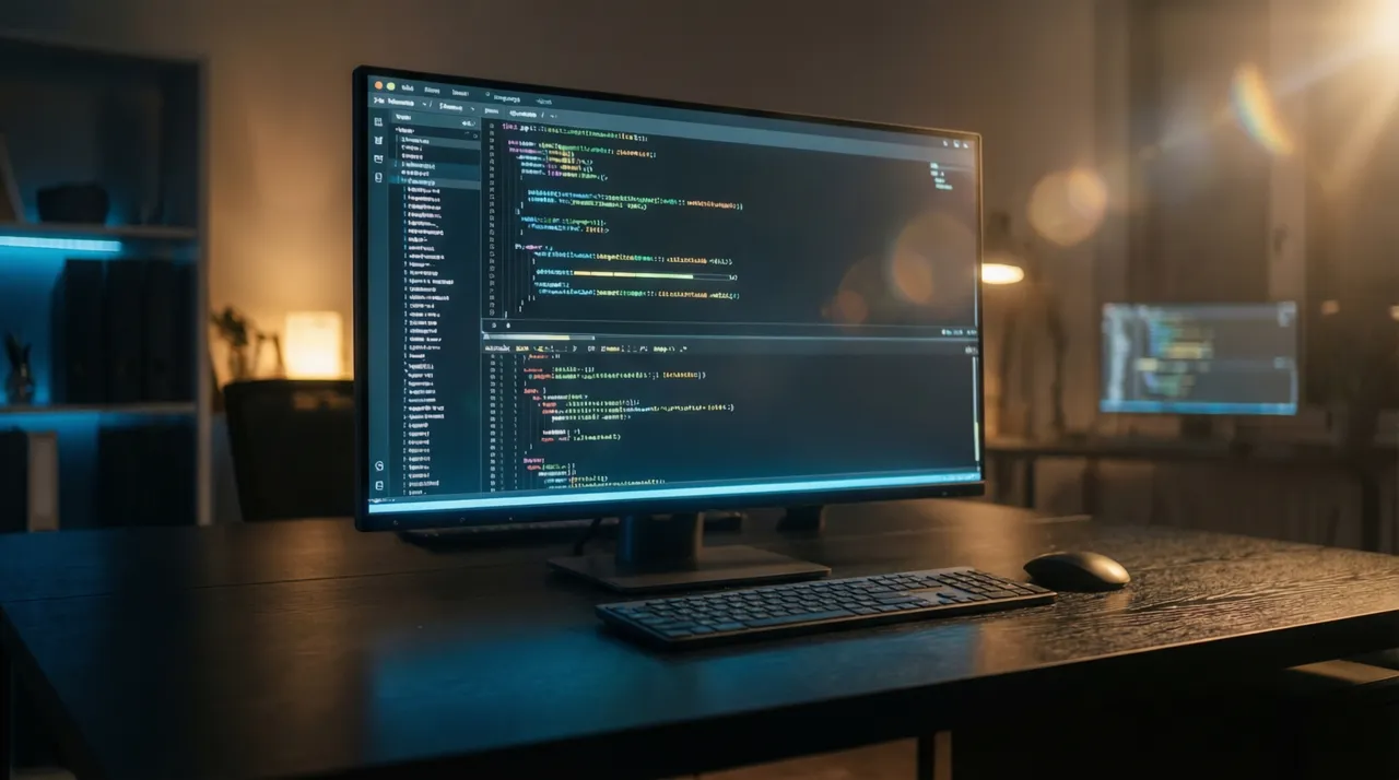 Glowing terminal running autonomously on an empty desk
