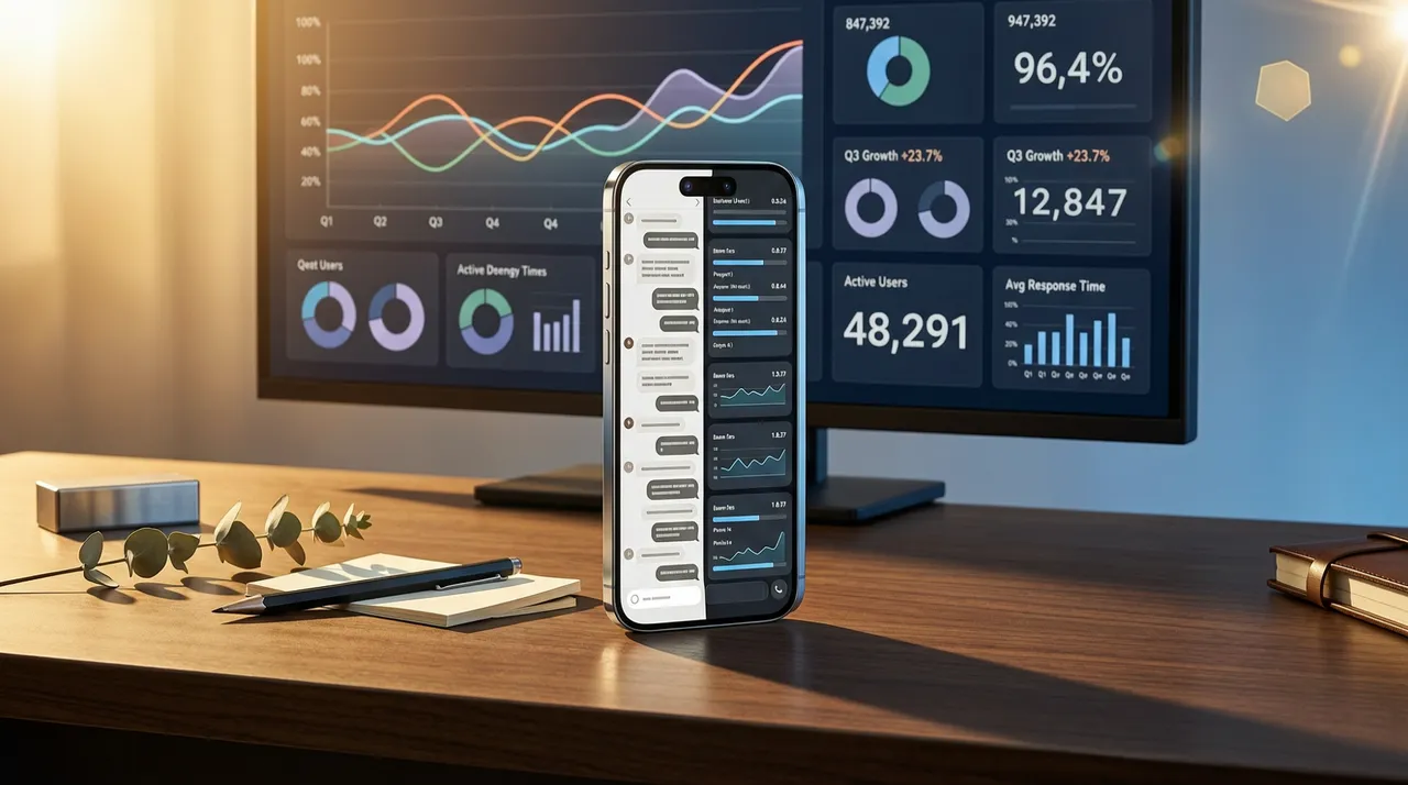 Smartphone with a chat against the background of a clean, organized dashboard
