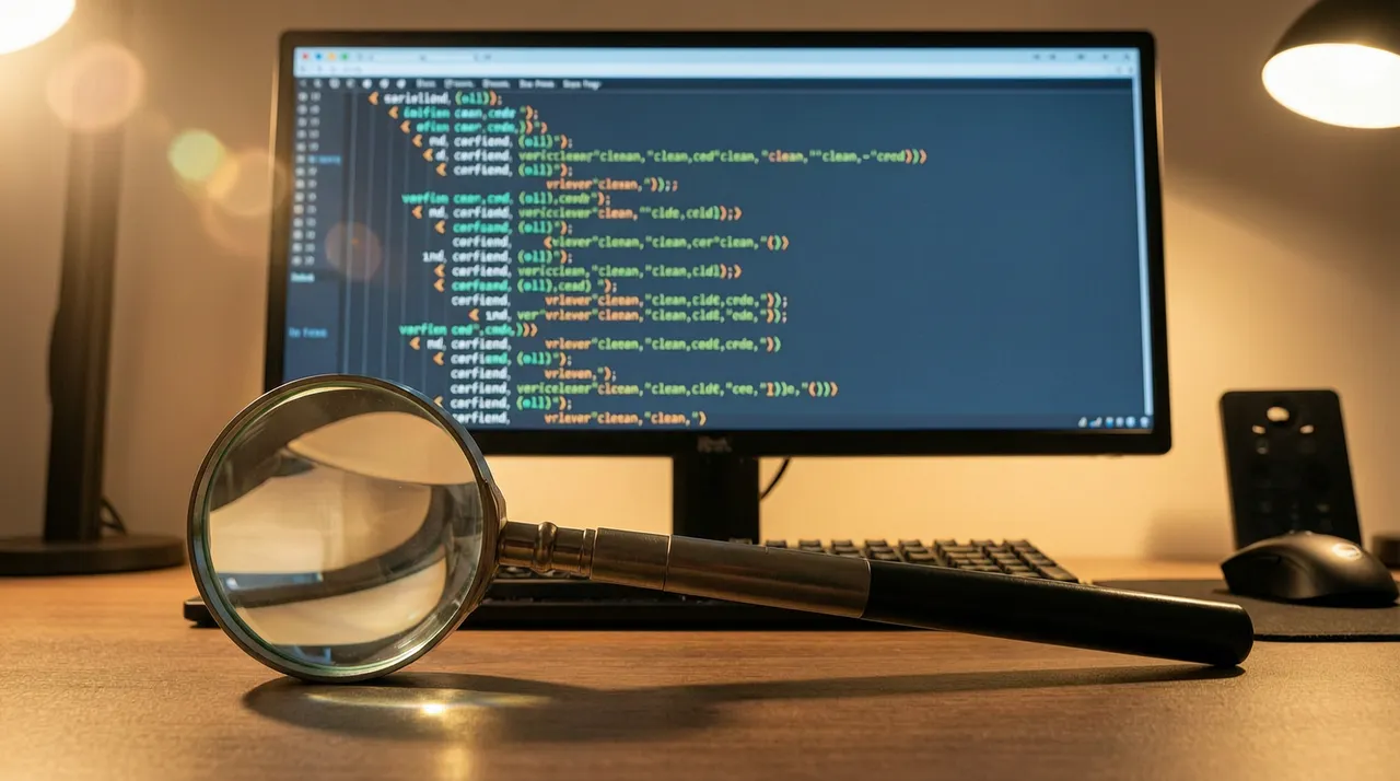 Magnifying glass next to a monitor displaying reviewed, clean code