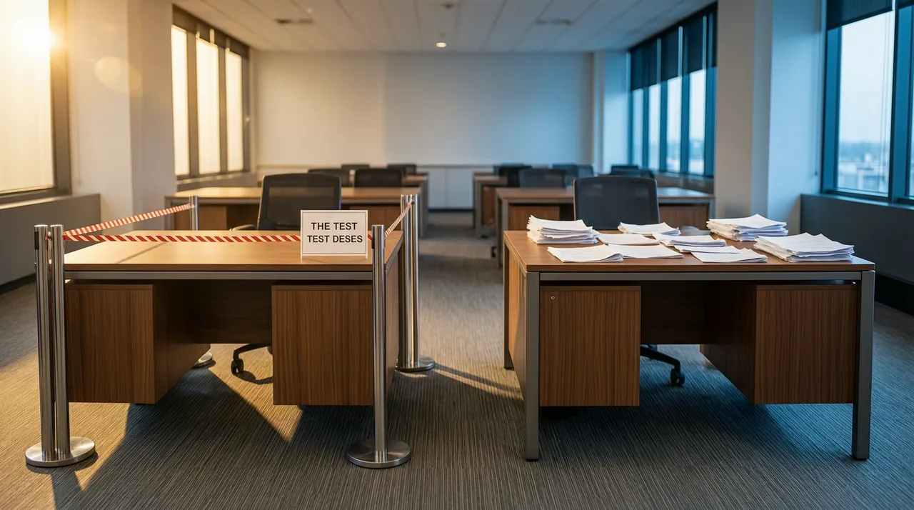 Cordoned-off test desk next to an active work desk