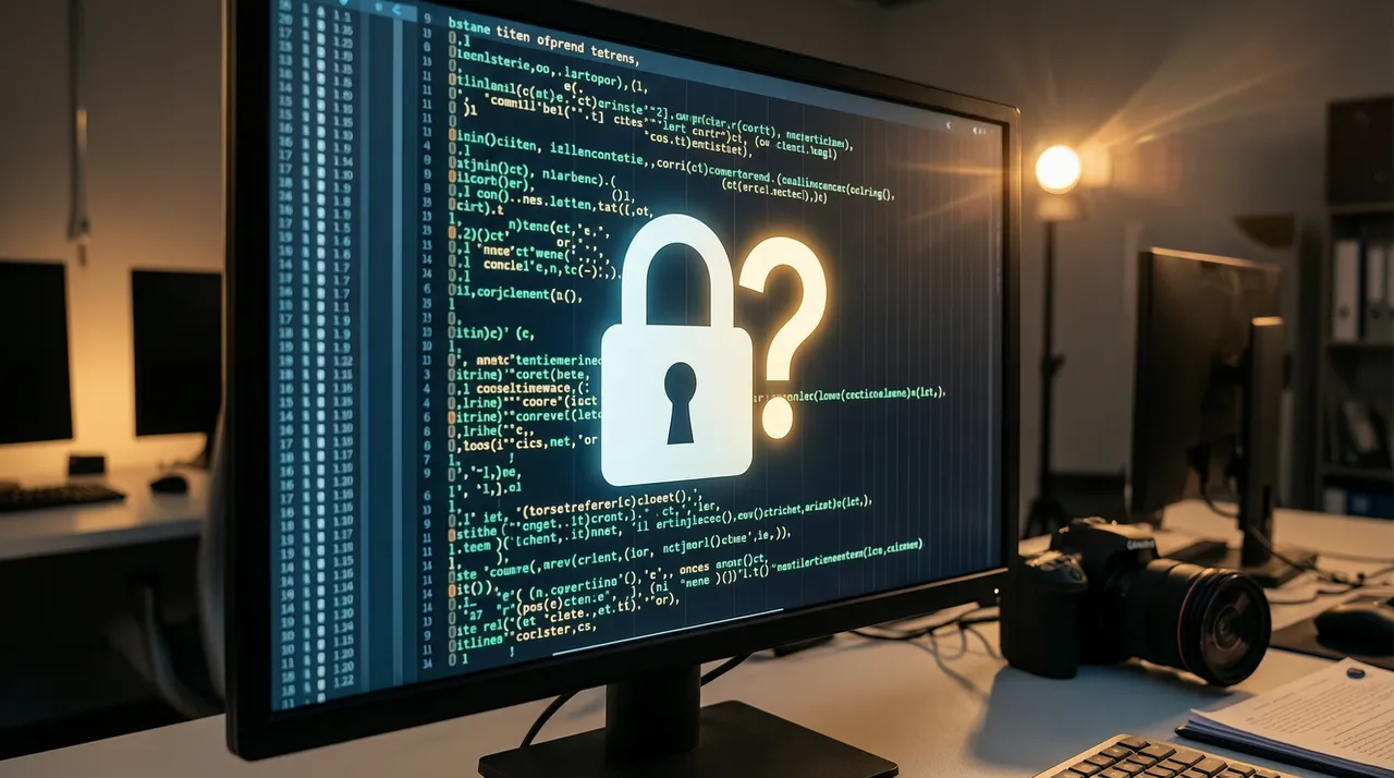 Padlock icon with a question mark among code on a screen