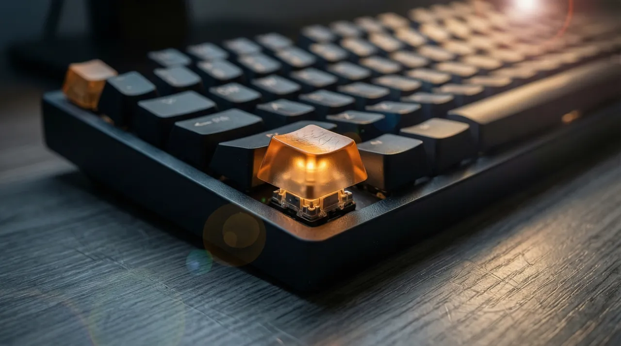 One highlighted glowing key among regular keys on a keyboard