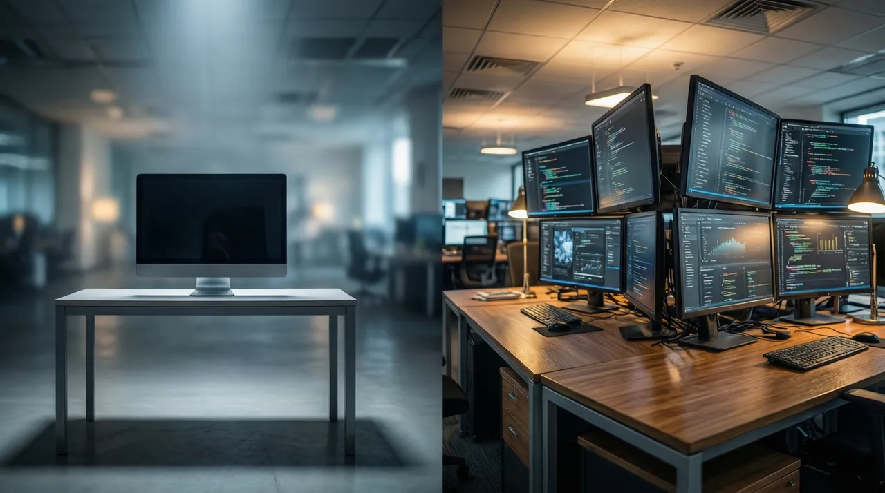 Single desk next to a cluster of several connected desks