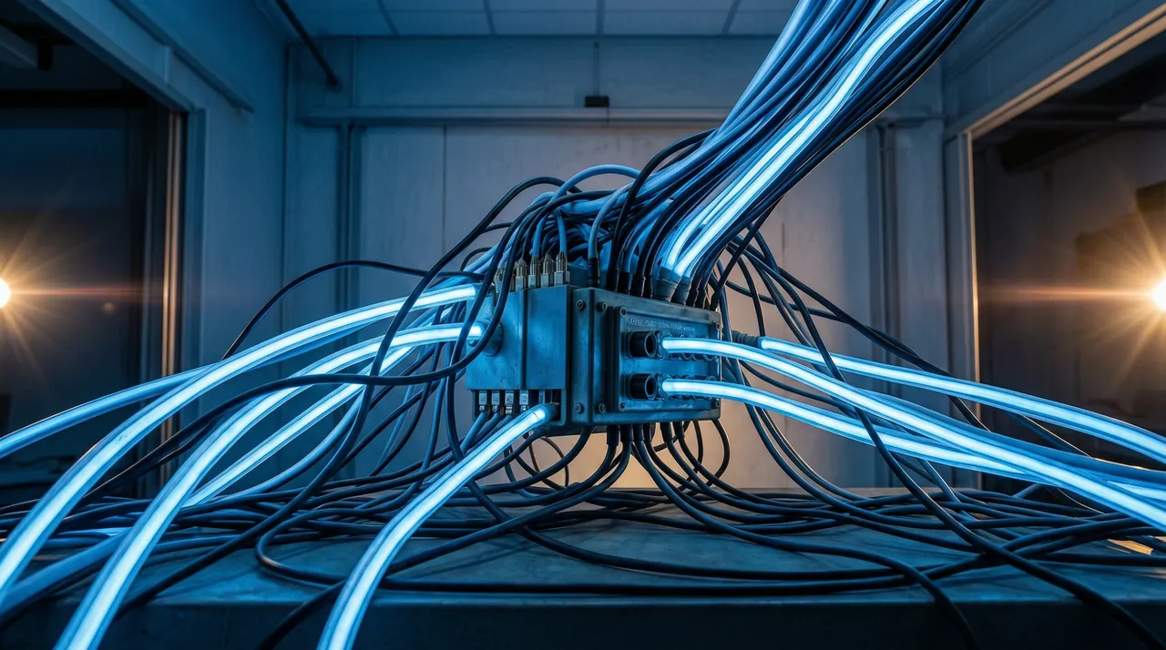 Tangled network of wires converging at a single point
