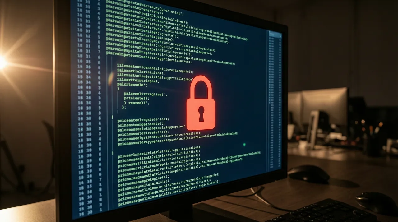 Red padlock icon among lines of code on a screen