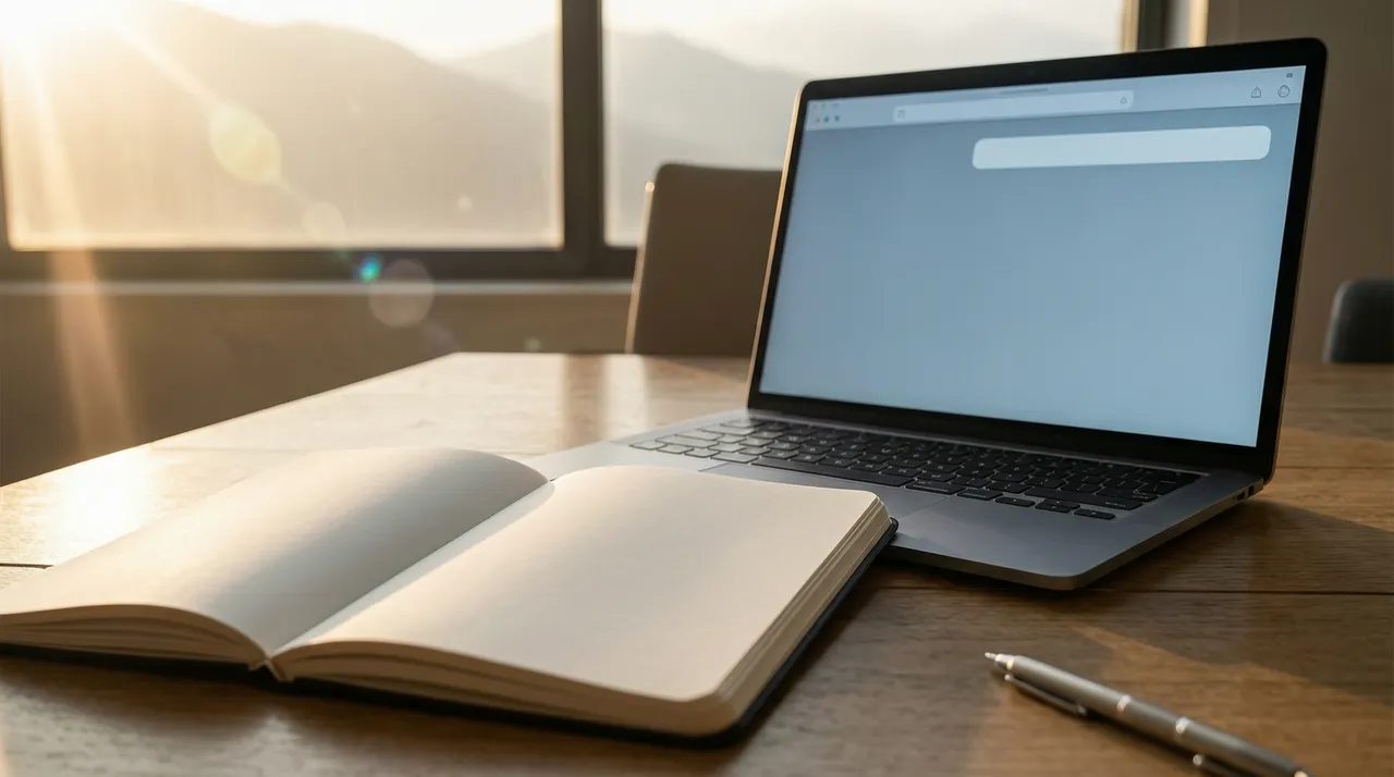Blank notebook page next to an empty chat field on a laptop