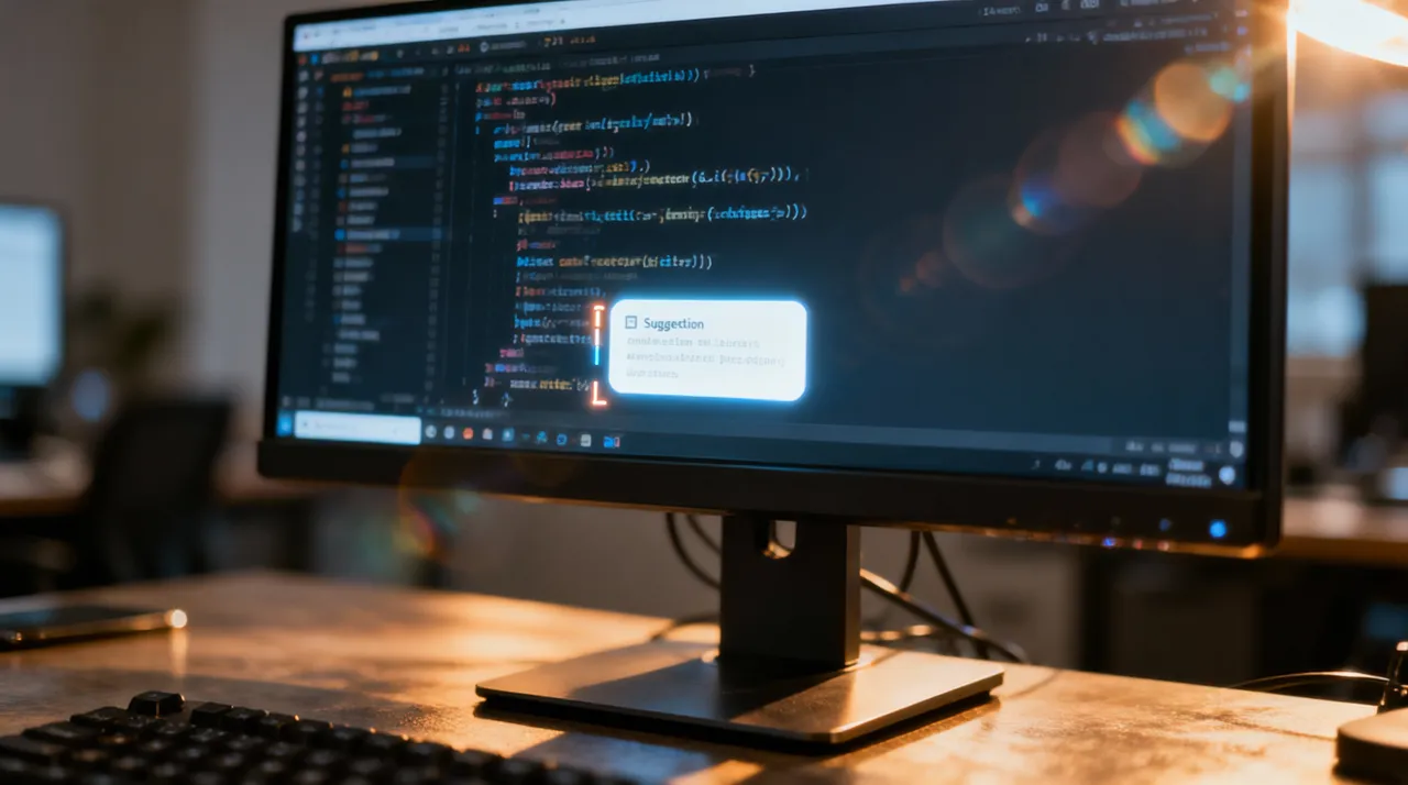 A small glowing prompt next to the cursor in an editor