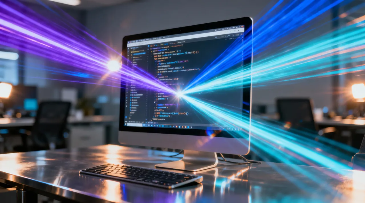 Three light trails converging on a single code editor