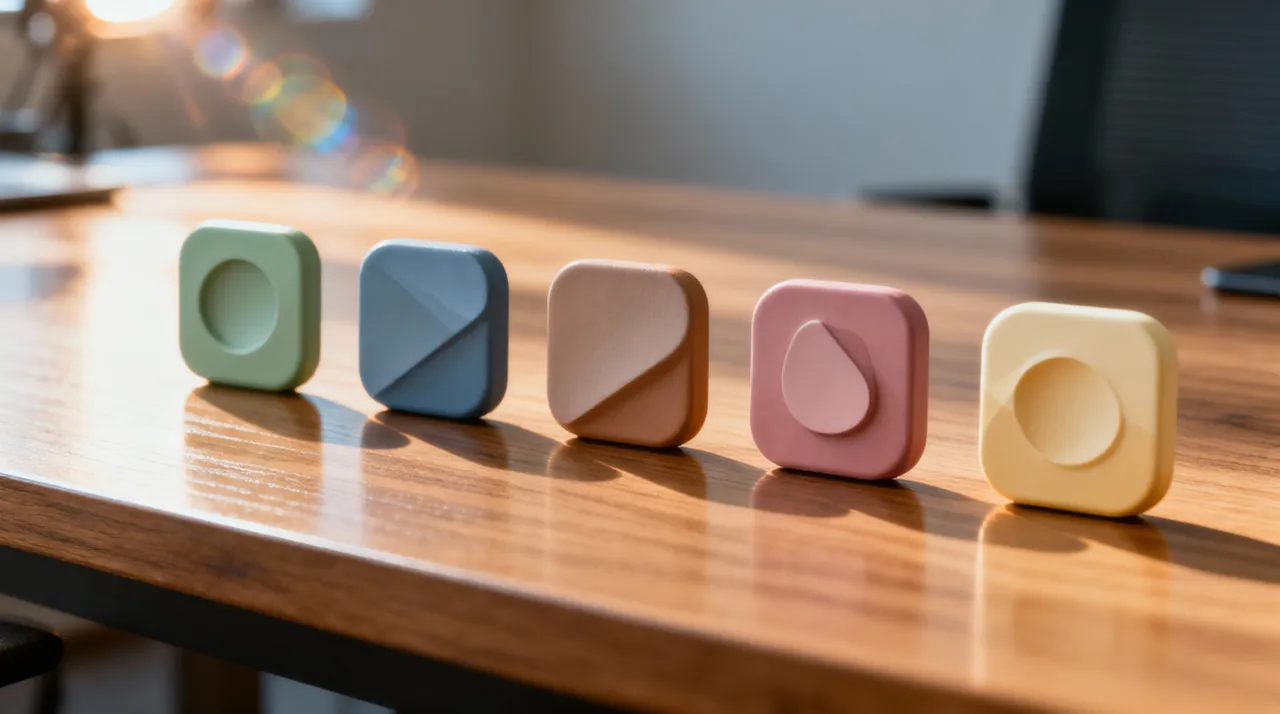 Five different app icons in a row on a desk