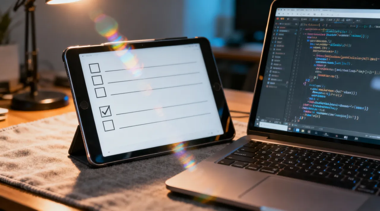 Checklist on a tablet next to a laptop with a code editor