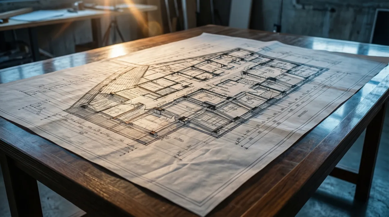 Fully completed detailed architectural blueprint on a desk