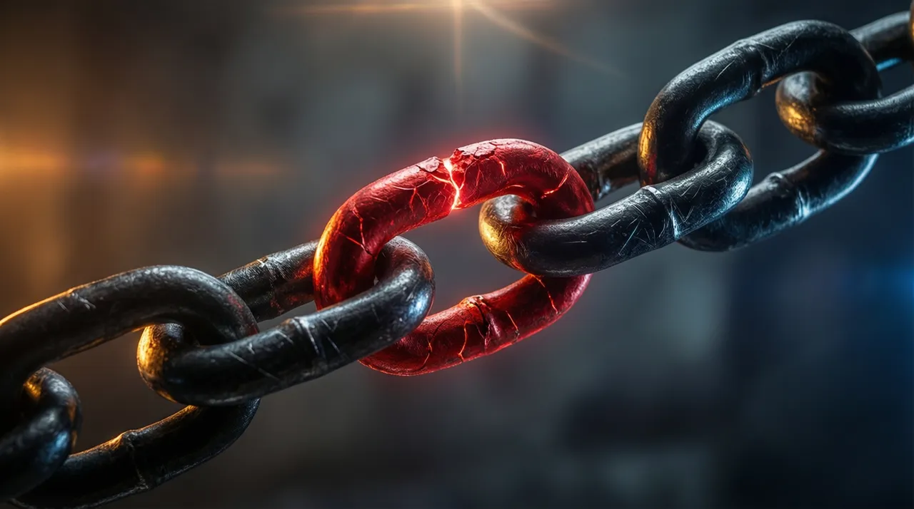 Chain of glowing links with one damaged red link