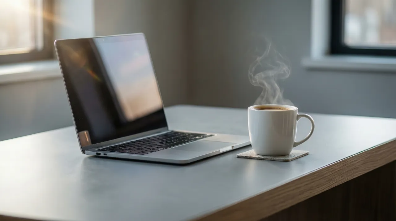 A small, tidy desk with a laptop and a cup of coffee