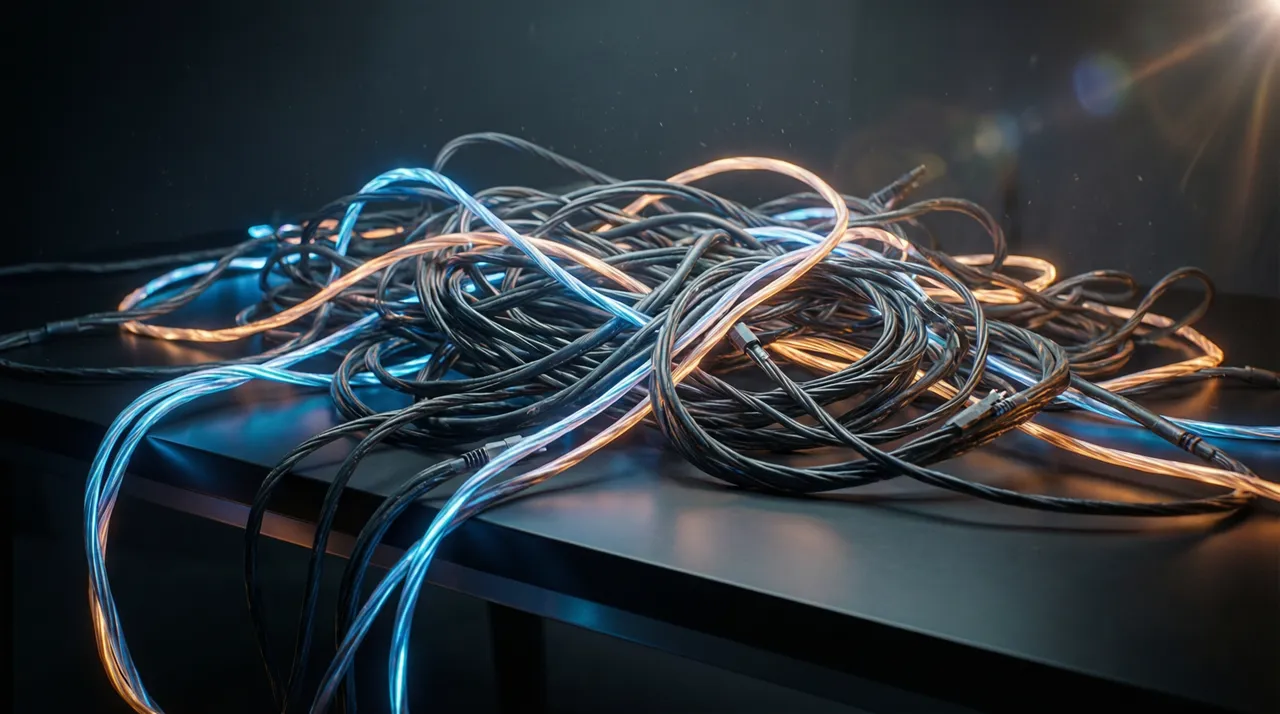 A dense, tangled mess of glowing wires on a desk