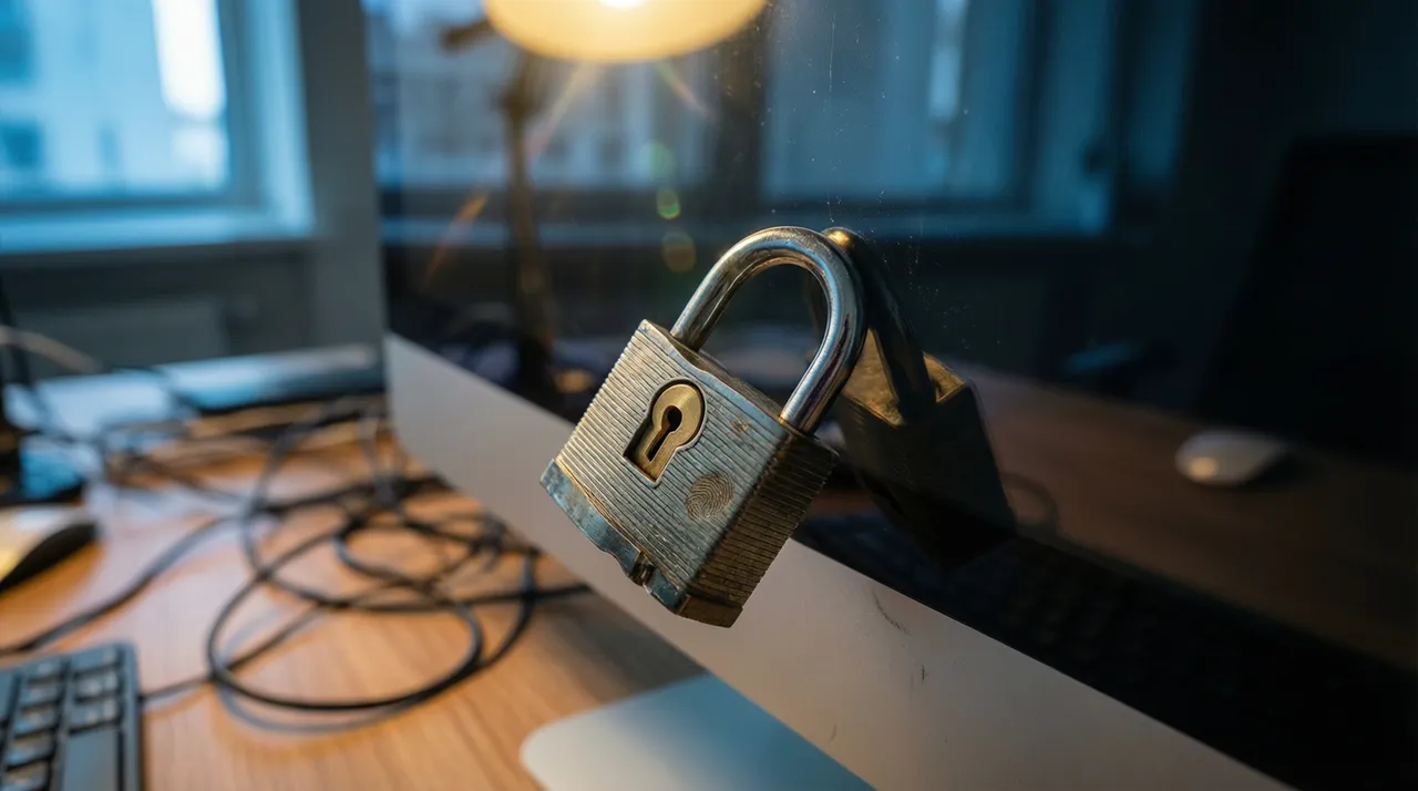 A slightly open padlock hidden behind a regular monitor screen