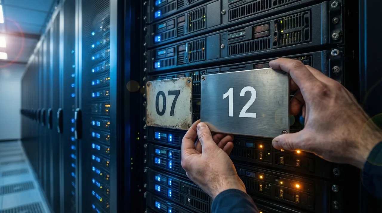 An old plan number sign being replaced by a new one on a server rack
