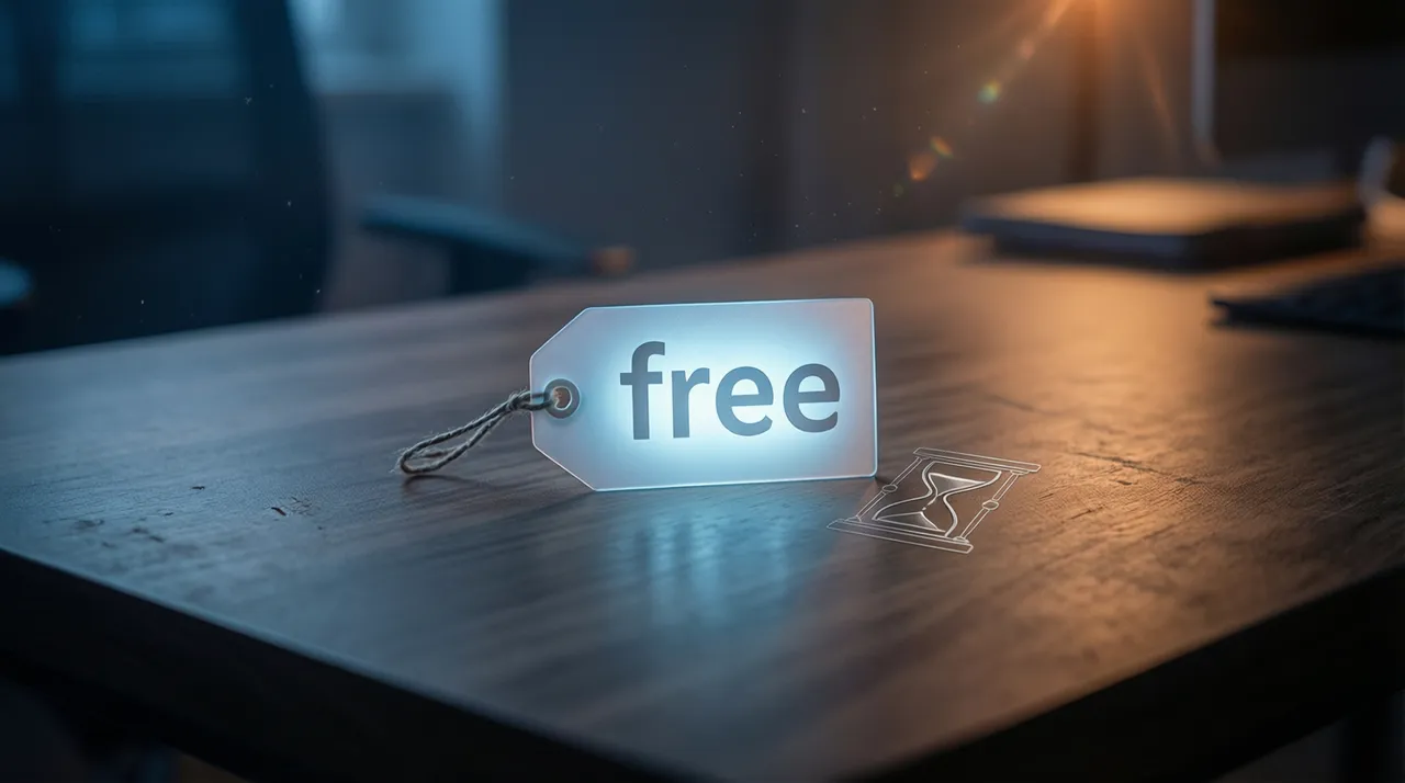 A “Free” tag with an hourglass next to it on a desk