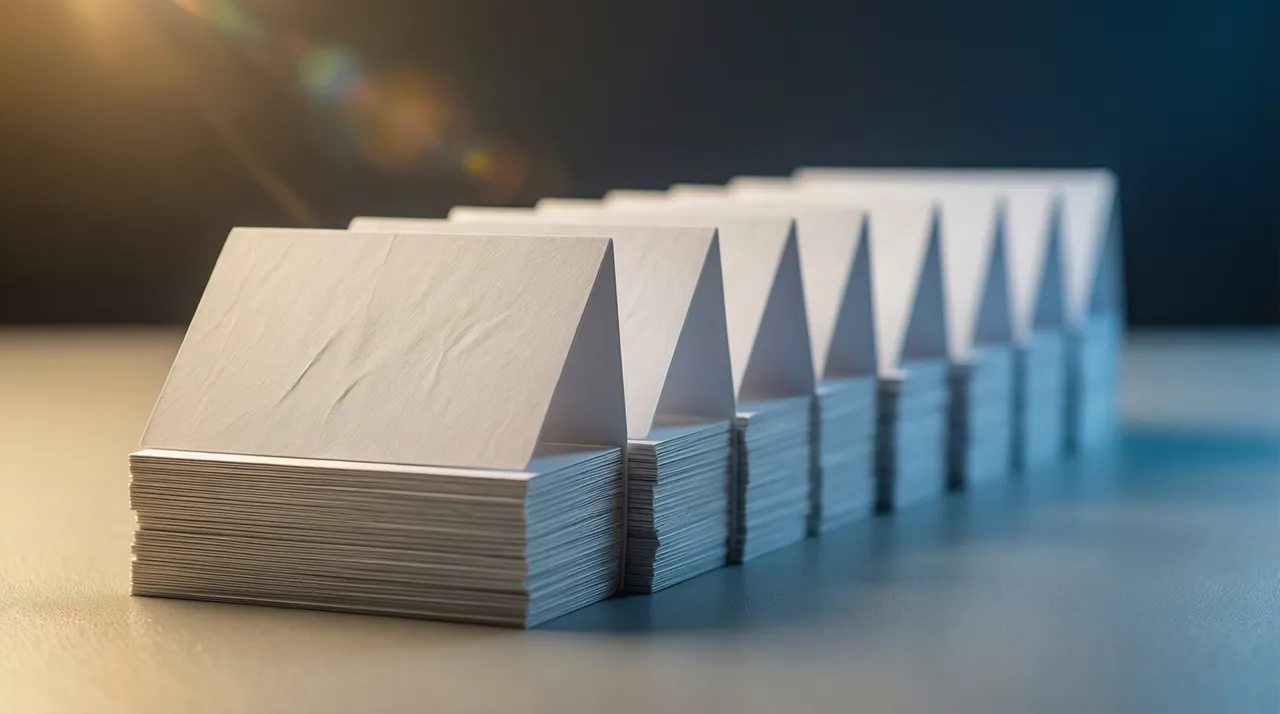 Several price cards of varying heights lined up on a desk