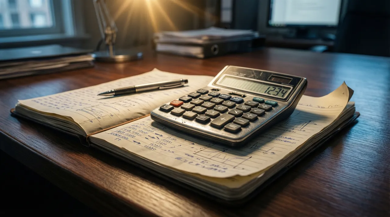 Calculator next to a ledger notebook on a desk