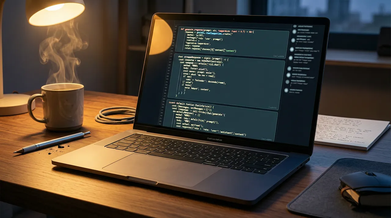 A laptop with a code-generating chat open