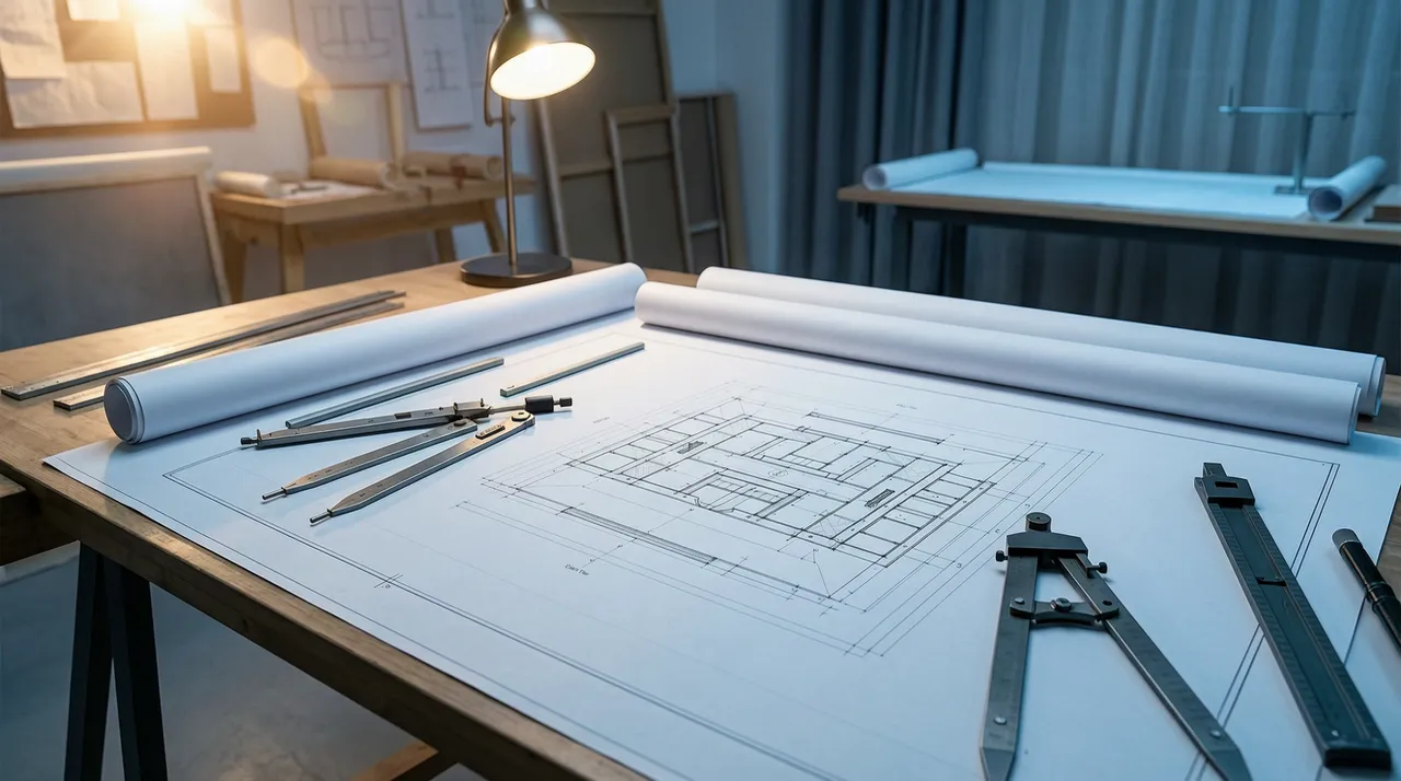 An architect's drafting table with tools and blueprints
