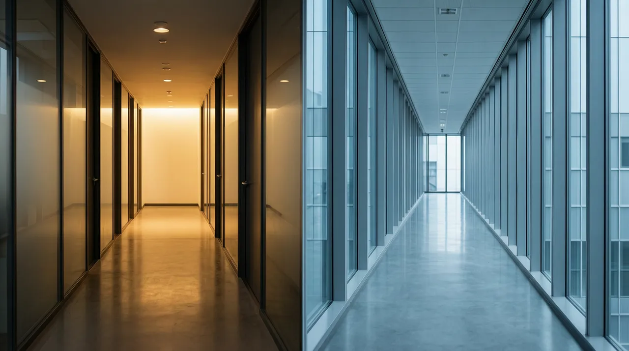 A corridor fork with two differently lit paths
