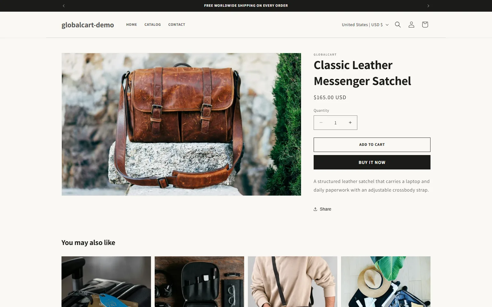 Global Cart product page: a leather messenger satchel with price, Add to cart/Buy it now buttons, and a related products section