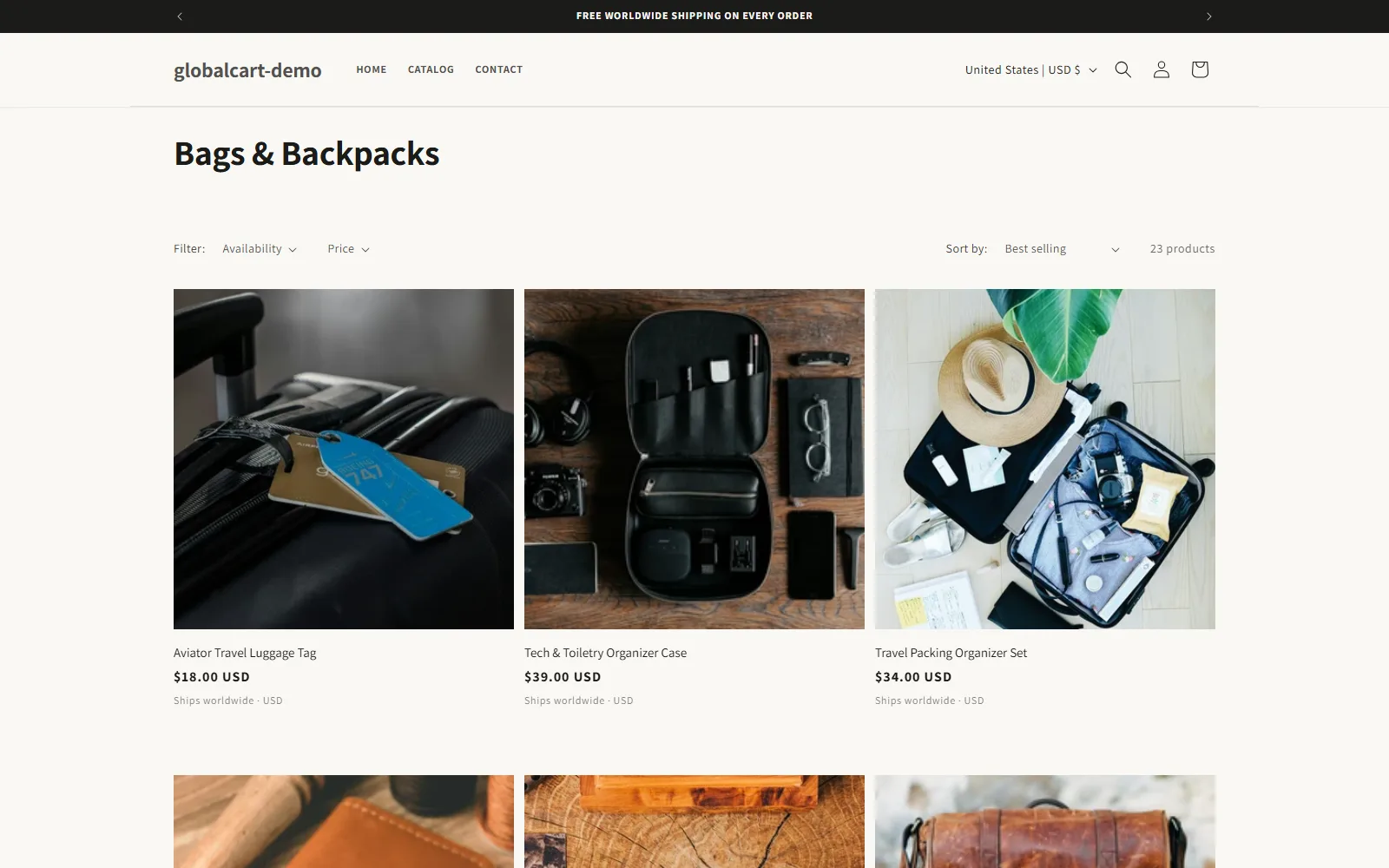 Global Cart collection page with a product grid, availability/price filters, and Best selling sort