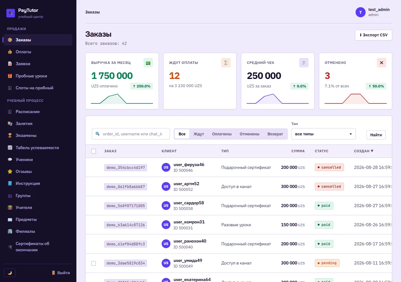 PayTutor: a tutoring-center CRM from request to certificate — 15